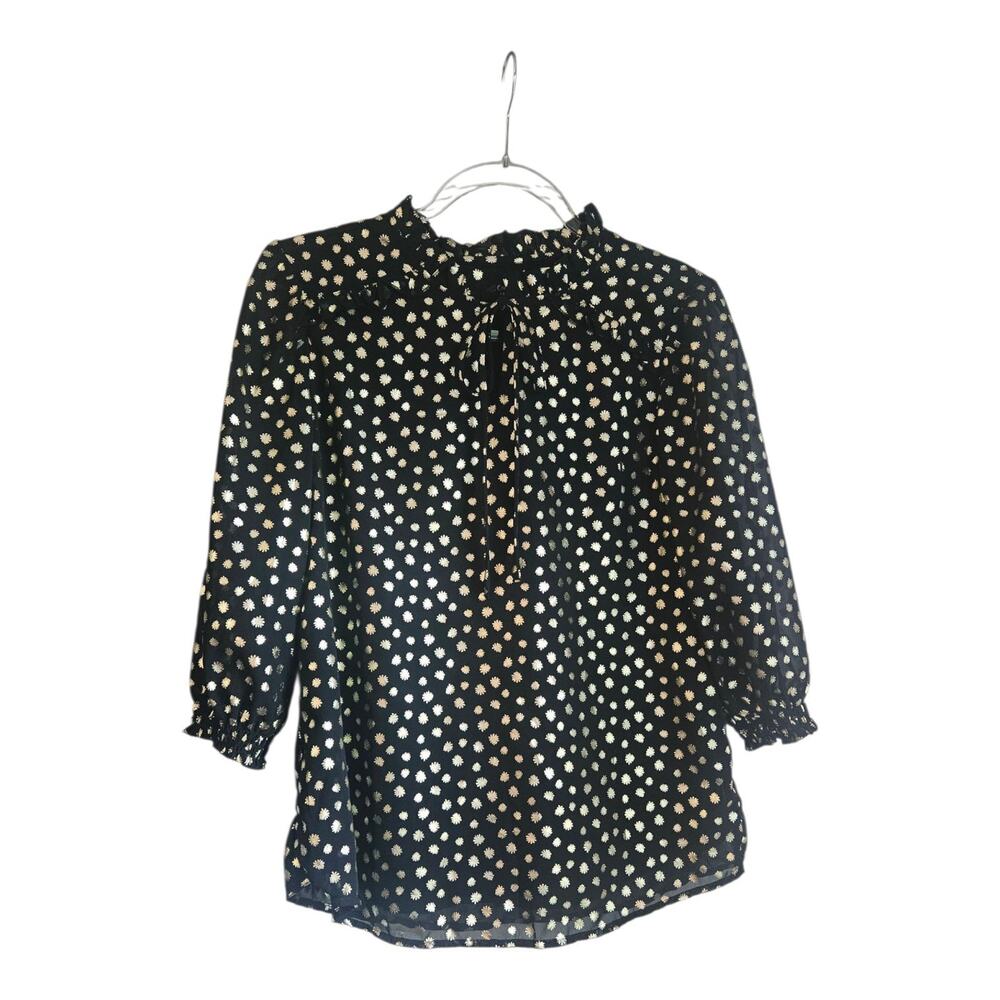 Cocomo Womens Petite SM Blouse Black Gold 3/4 Sleeve Sheer Overlay Lined Ruffle